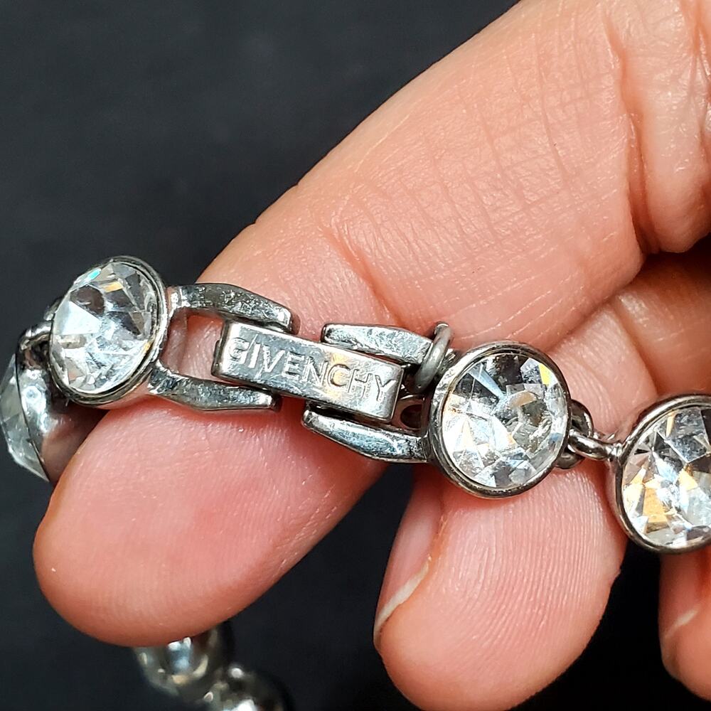 Givenchy Clear Rhinestone Silver Tone Bracelet 3.5" Signed Vtg - Picture 3 of 7